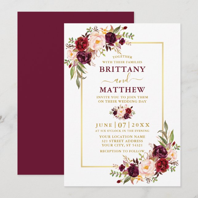 Watercolor Burgundy Floral Gold Frame Wedding Invitation (Front/Back)