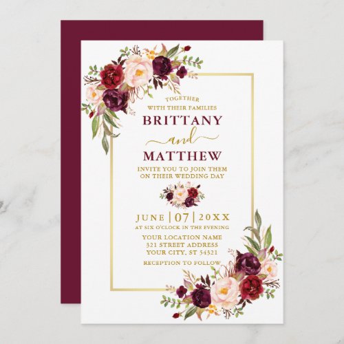 Watercolor Burgundy Floral Gold Frame Wedding Invitation