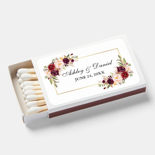 Watercolor Burgundy Floral Gold Frame Wedding Matchboxes (Front Open)