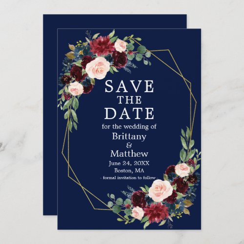 Watercolor Burgundy Floral Gold Geo Frame Blue Save The Date