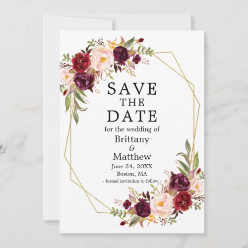 Watercolor Burgundy Floral Gold Geo Frame Save The Date