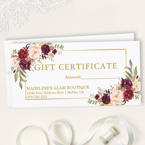 Watercolor Burgundy Floral Gold Gift Certificate