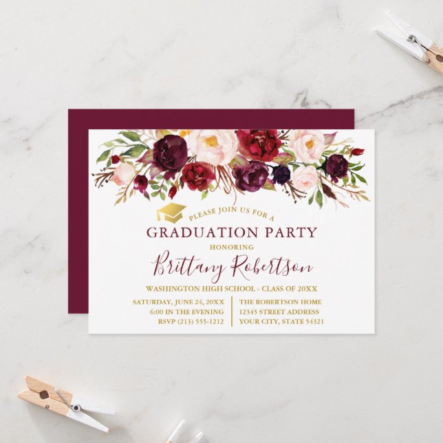 Watercolor Burgundy Floral Gold Graduation Party Invitation (Front/Back In Situ)