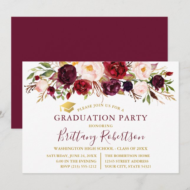 Watercolor Burgundy Floral Gold Graduation Party Invitation (Front/Back)