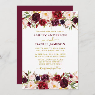 Watercolor Burgundy Floral Gold Modern Wedding Invitation