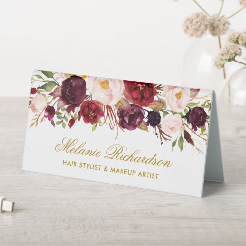 Watercolor Burgundy Floral Gold Name Sign