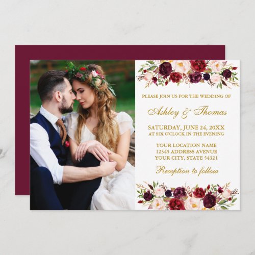 Watercolor Burgundy Floral Gold Photo Wedding Invitation