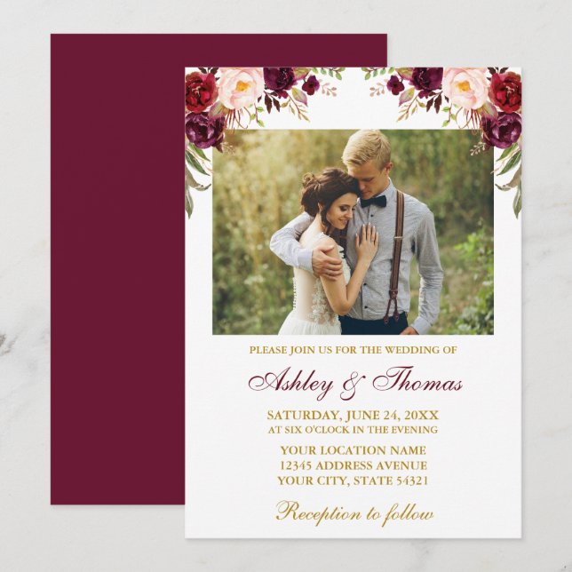 Watercolor Burgundy Floral Gold Photo Wedding Invitation (Front/Back)