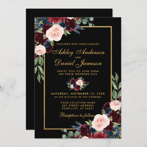 Watercolor Burgundy Floral Gold Photo Wedding Invitation