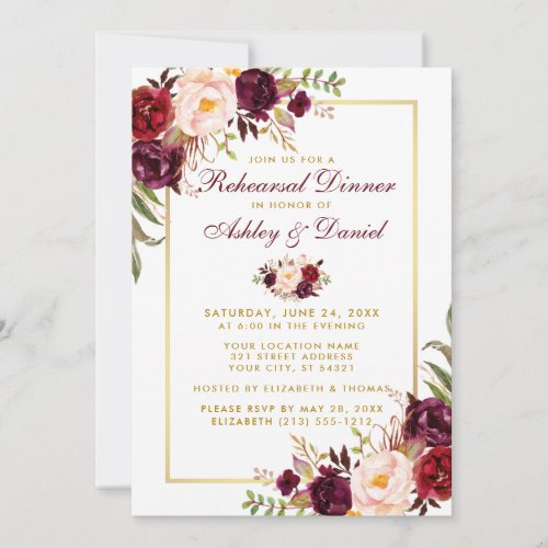 Watercolor Burgundy Floral Gold Rehearsal Dinner W Invitation