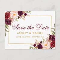 Watercolor Burgundy Floral Gold Save The Date