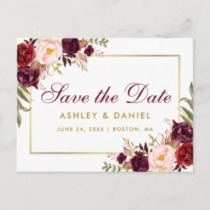 Watercolor Burgundy Floral Gold Save The Date Announcement Postcard