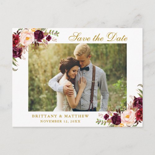 Watercolor Burgundy Floral Gold Save the Date Announcement Postcard