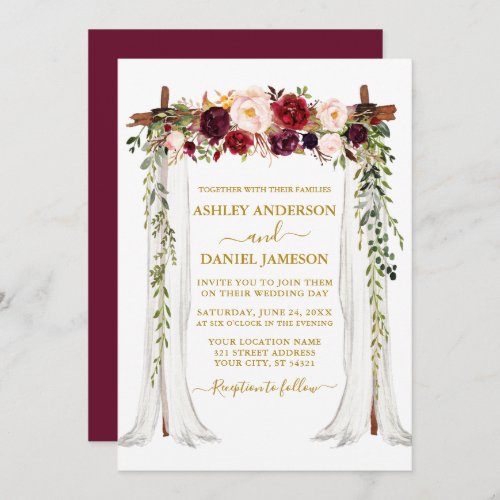 Watercolor Burgundy Floral Gold Wedding Canopy Invitation