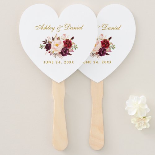 Watercolor Burgundy Floral Gold Wedding H Hand Fan