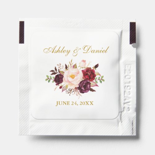 Watercolor Burgundy Floral Gold Wedding Hand Sanitizer Packet
