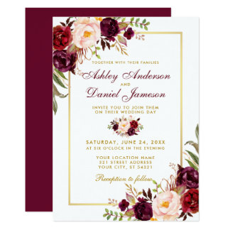 Watercolor Burgundy Floral Gold Wedding Invitation