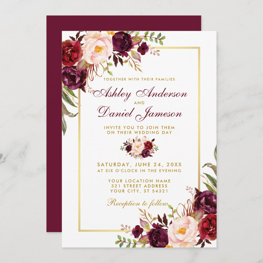 Watercolor Burgundy Floral Gold Wedding Invitation | Zazzle