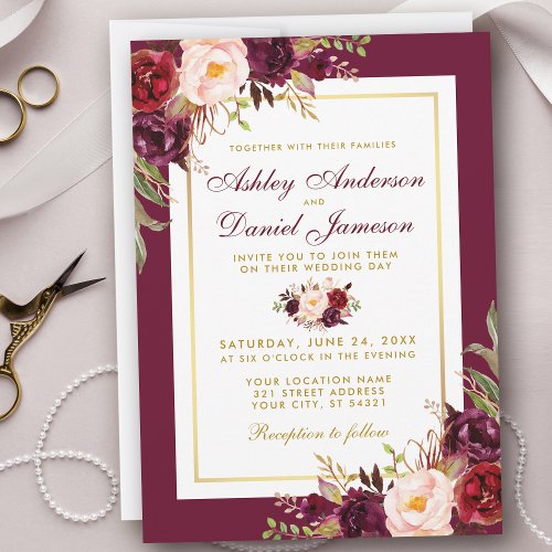Watercolor Burgundy Floral Gold Wedding Invite