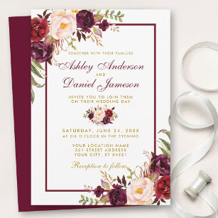 Watercolor Burgundy Floral Gold Wedding Invite BF