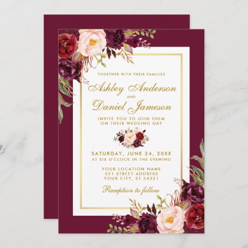 Watercolor Burgundy Floral Gold Wedding Invite GB