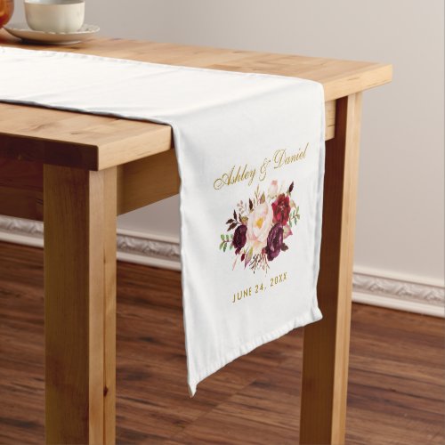 Watercolor Burgundy Floral Gold Wedding Medium Table Runner