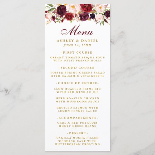 Watercolor Burgundy Floral Gold Wedding Menu