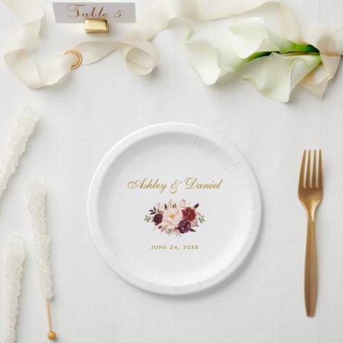 Watercolor Burgundy Floral Gold Wedding Paper Plates