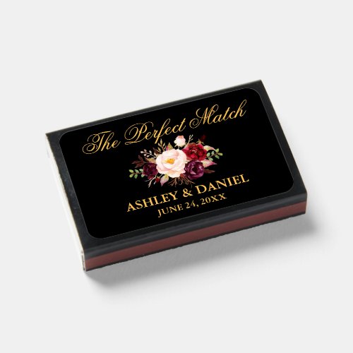 Watercolor Burgundy Floral Gold Wedding Perfect Matchboxes