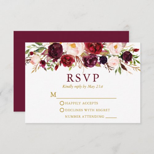 Watercolor Burgundy Floral Gold Wedding RSVP Card