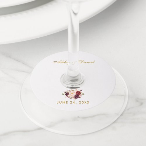 Watercolor Burgundy Floral Gold Wedding Wine Glass Tag