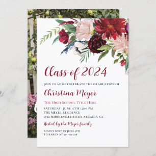 Watercolor Burgundy Floral Graduation Party Photo Invitation