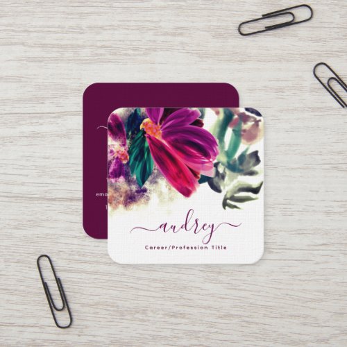 Watercolor Burgundy Floral Green Tropical Leaves Square Business Card