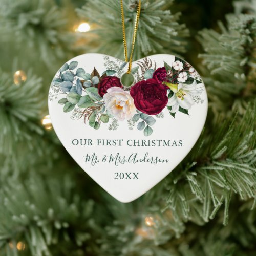 Watercolor Burgundy Floral Green Wedding Heart Ceramic Ornament