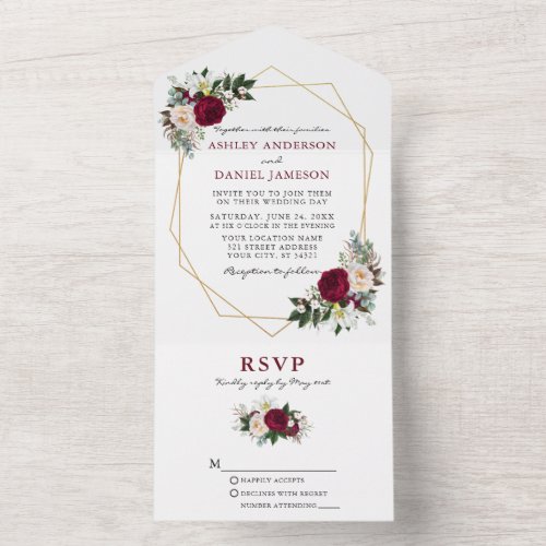 Watercolor Burgundy Floral Greenery Geo Wedding All In One Invitation