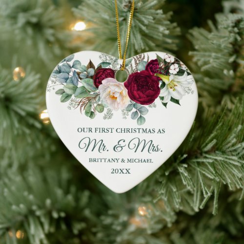 Watercolor Burgundy Floral Greenery Mr and Mrs Ceramic Ornament