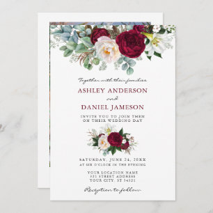 Watercolor Burgundy Floral Greenery Photo Wedding Invitation