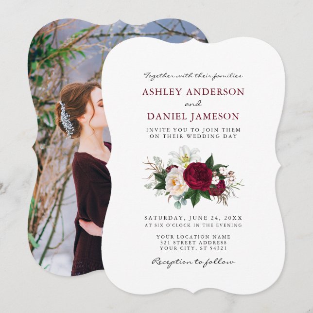 Watercolor Burgundy Floral Greenery Photo Wedding Invitation (Front/Back)