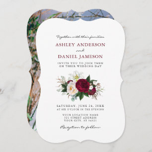 Watercolor Burgundy Floral Greenery Photo Wedding Invitation