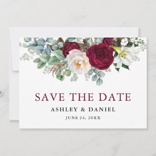 Watercolor Burgundy Floral Greenery Save The Date