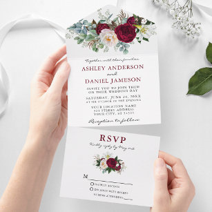 Watercolor Burgundy Floral Greenery Wedding All In One Invitation