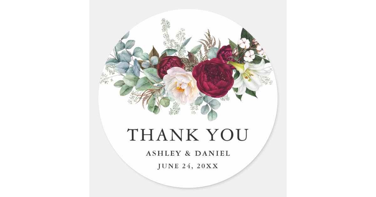 Watercolor Burgundy Floral Greenery Wedding B Classic Round Sticker ...