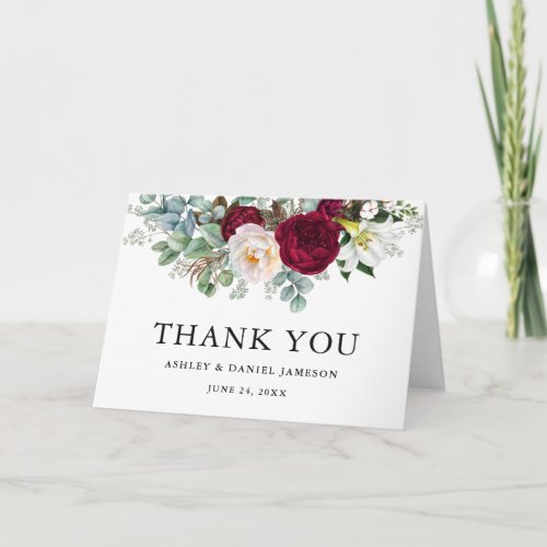 Watercolor Burgundy Floral Greenery Wedding B Fold Thank You Card