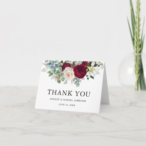 Watercolor Burgundy Floral Greenery Wedding B Note Thank You Card