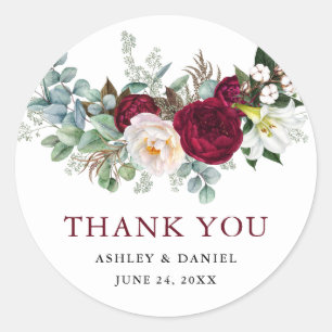 Watercolor Burgundy Floral Greenery Wedding Classic Round Sticker