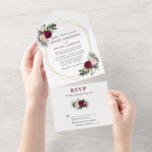 Watercolor Burgundy Floral Greenery Wedding Geo All In One Invitation