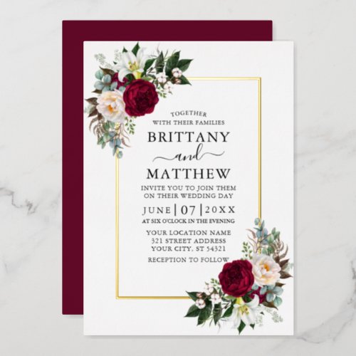 Watercolor Burgundy Floral Greenery Wedding Gold Foil Invitation