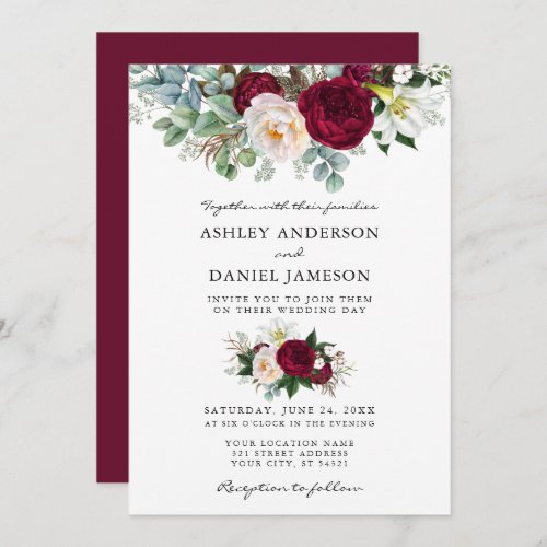 Watercolor Burgundy Floral Greenery Wedding Invitation