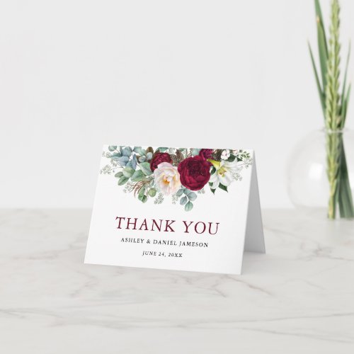 Watercolor Burgundy Floral Greenery Wedding Note Thank You Card
