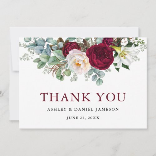Watercolor Burgundy Floral Greenery Wedding Thank You Card